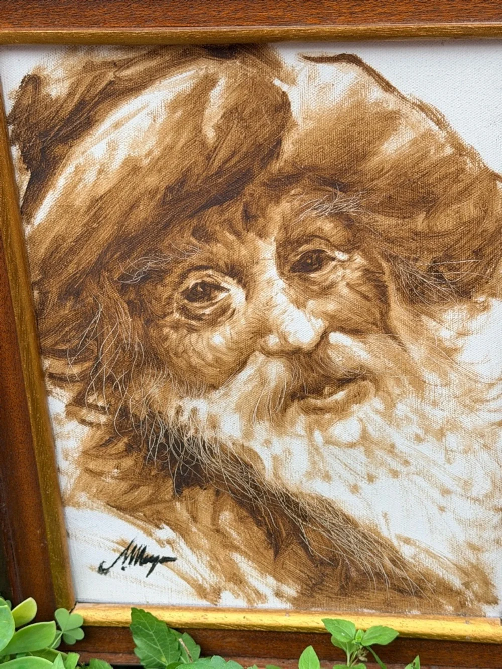 Vintage Framed Portrait signed textile painting European decor old world neutral